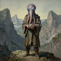 A detailed blue-eyed tentacleheaded human stands among the mountains with a pebble in hands. Wearing a ripped mantle, robe and boots. Extremely high details, realistic, fantasy art, solo, masterpiece, art by Zdzisław Beksiński, Arthur Rackham, Dariusz Zawadzki
