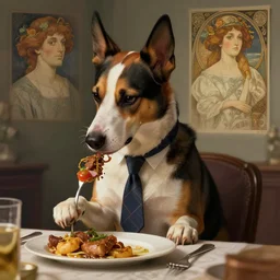 dog wearing a tie eating dinner, character sheet, character design, contrast, deep focus, turnaround, highly detailed, dramatic lighting, digital painting, artstation, concept art, matte, sharp focus, illustration, elegant, art by artgerm and greg f and alphonse mucha.