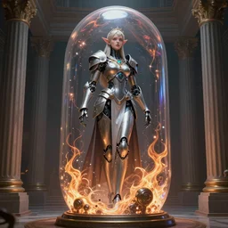 alluring elf princess knight, ( ( ( ( ( ( ( ( ( futuristic cyborg goddes ) ) ) ) ) ) ) ), on cryogenic capsule. by frank lloyd wright, by rembrandt ( 1 6 6 7 ), concept art, inrincate, sharp focus, digital painting, unreal engine, cgsociety, neoclassical, mech, robot, fractal flame, cinematic, overwatch skin, highly detailded