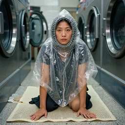 a woman wearing a hood made of wire and plastic, in a laundry mat, color photograph, by john currin, canon eos c 3 0 0, ƒ 1. 8, 3 5 mm, 8 k, medium - format print