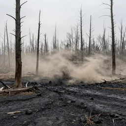 a dry and dead forest in oil spill, coal, dust, wind, advertising photography