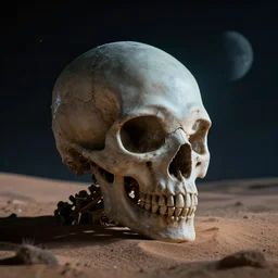 strange alien skull in a dessert in the moon, cinematic lighting, octane tender, volumetric light, dark - art