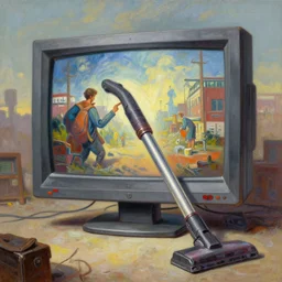 a giant walking computer monitor vacuuming up art, an ultrafine detailed painting by austin briggs, cg society, american scene painting, dystopian art, american realism, academic art, movie poster, poster design,