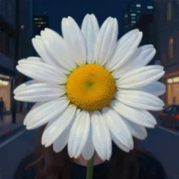 closeup, huge daisies flower head, woman in modern city, surreal photography, night light, dark, impressionist painting, digital painting, artstation, simon stalenhag