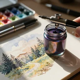 airbrush of technical pen and sealed canning jar of swirling ink shimmering on a desk, dramatic afternoon lighting, intense watercolor, heavy metal, tilt shift, photo realistic, by moebius