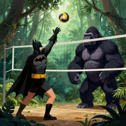 batman and gorilla are playing volleyball in a jungle with a volleyball, volleyball net, digital illustration, inspired by greg rutkowski and artgerm, high detail