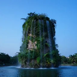 environment art, tower with water, blue hour
