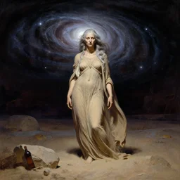 solitude of wise old beautiful woman Sand Deity, under galactic quarrel minatory sky, in the style of Frank Frazetta, Jeff Easley, Caravaggio, extremely clear and coherent, clear lines, 8K resolution