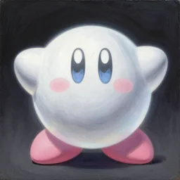 A painting of a white silver Kirby, the nintendo videogame characther kirby, very ethereal, silver color, dark, chiaroscuro, nacre, pastel oil inks, paint-on-glass painting by Chiho Aoshima, Yoshitomo Nara, Huang Yuxing and Aya Takano , Superflat art movement, chibi, soft pastel colors, Kirby