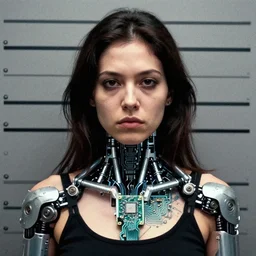 grainy photo of an ugly woman, wearing bionic implants, cyborg!! criminal!!, (((((high tech, circuit boards))))), mugshot!!!