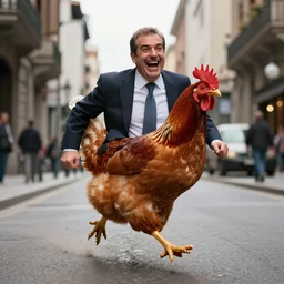corrupt politician laughigh m. rajoy hybrid with the body of a chiken running in the middle of the city, deseperated, high quality photo, ultrarrealistic, award winning photography, hyperrealistic