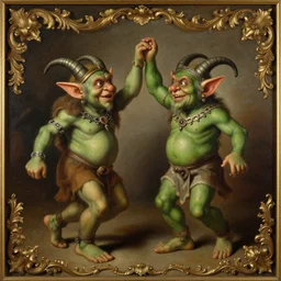 oil painting of two green-horned goblins dancing, baroque art