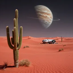 ''red sand desert, gas giant in the sky, cactus in the forefront, crashed spaceship in the distance''