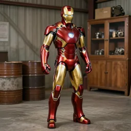 vintage iron man with brass equipment in a hanger with large barrels and cabinets