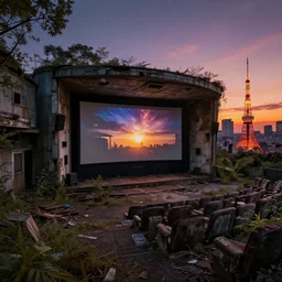 a beautiful ultradetailed rendering of urbex nature abandoned home theater by benedek vass, cosmic tokyo sunset fisheye, archdaily, wallpaper, highly detailed, trending on artstation.
