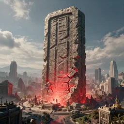 a huge towering and broken stone tablet + 8 0 0 meter high stone tablet, with red light stands in the center of a prosperous city at the end of the world, and the energy is released, secret, mysterious, doomsday, landscape, video game control, quantum break, arknights, bungie, destiny 2, 4 k,