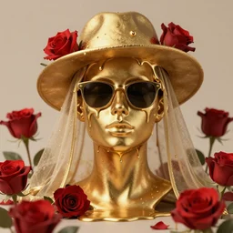 a head made out of melting gold, neutral palette, it is wearing sunglasses and a hat and a veil, there are red roses all around it, golden paint melting, vogue cover style, depth of field, demonic style, smooth fractal style, ethereal fantasy style, 3 d perfect render style, horror style