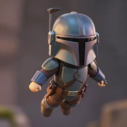 mandalorian as nendoroid flying in the croods movie style, full helmet, anime, disney, pixar, 8 k, hd, dof, kodak film, volumetric lighting, subsurface scattering, photorealistic, octane render, details