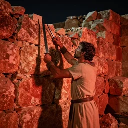 award winning cinematic still of 40 year old Mediterranean skinned man in Ancient Canaanite clothing fixing a ruined, crumbled wall in Jerusalem, holding a sword and a chisel, dramatic lighting, nighttime, strong shadows, bright red hues, directed by Jordan Peele