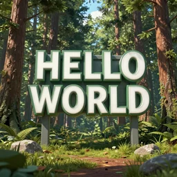 Hello World sign in a forest by Beeple RHADS and Greg Rutkowski trending on artstation, unreal_engine, 4k, high quality. render di
