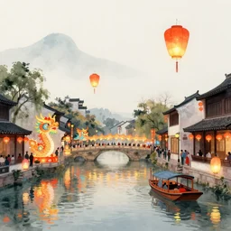 grand river lantern festival, chinese watercolor style, trending on artstation, global illumination, radiant light, art by wlop and greg rutkowski,, detailed and intricate environment, 8 k
