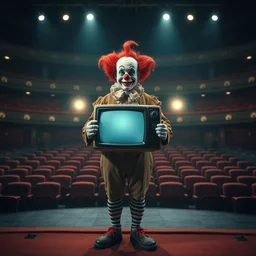 a clown holding a small old tv screen in front of his chest and standing on a stage in a big empty theater! in the style of peter mohrbacher and jacek yerka, cinematic lighting, detailed, empty seats