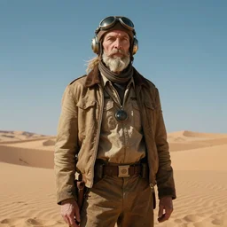 beautiful composition and colors, portrait of a wise interstellar spice smuggler pilot on desert planet, by stephen bliss and greg rutkowski and nasreddine dinet, complimentary color, smooth, cinematic, detailed, profound