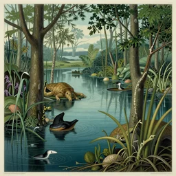 swamp with rich and very beautiful life inside zoological scientific illustration, made by Ernst Haeckel