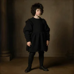 portrait of a shaggy black haired teenager with a black colored sweater, full body, renaissance painting, ultra detailed, high resolution, masterpiece