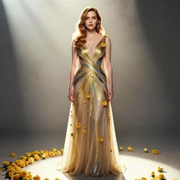 perfectly - centered!! looking at the camera!!! full body photograph of young christina hendricks with roses wearing a gala dress, bright lighting, godrays, golden, roses, intricate abstract upper body, zeiss lens, cinematic lighting, sharp focus, bokeh, smooth, filmstill, photography, hyper realism, iridescent accents