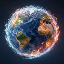 water, fire, earth and air in one element, swirling around in a sphere, amazing detail, ray tracing