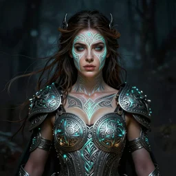 portrait painting of the beautiful posing celtic warrior queen with sexy neckline and with traditional celtic face painting, by bobeggleton, concept art, trending on artstation. glowing, ornate and intricate, stunning, dynamic lighting, intricate and detailed.