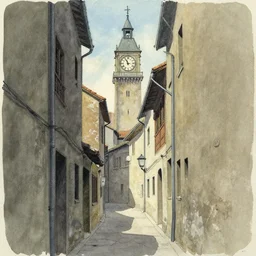 a drawing of a narrow alley with a clock tower in the background, a gouache by makoto shinkai peter brook studio ghibli, featured on deviantart, modern european ink painting, matte drawing, matte painting, watercolor