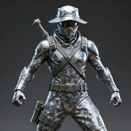 3 d rendering of marble and chrome statue of ninja wearing full face mask and hunter hat, dramatic pose, combat suit, technological, octane render
