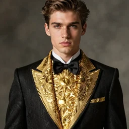 elegant fancy suit of the groom,, black gold with elements of the sun. golden highlights. frill collar. intricate patterns with clear lines. clear details. realistic photo. the model is a handsome young man with a symmetrical face.