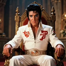sharp, highly detailed, color film still of elvis as king of the world, sitting on his throne in his castle, atmospheric lighting, in focus, reflective eyes, 3 5 mm macro lens, live action, nice composition