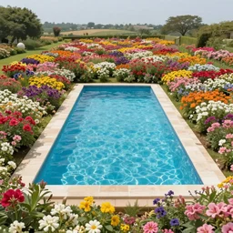 swimming pool in the middle of a land of flowers
