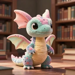 A full body portrait of a cute plush Langford basilisk in pastel colors and polka dots, in a library, depth of field, hyperdetailed , loose cropping, basilisk