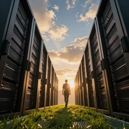 server room in data center, pacing, computers, racks, motherboard, cinematic view, epic sky, detailed, concept art, low angle, high detail, warm lighting, volumetric, godrays, vivid, beautiful, trending on artstation, by jordan grimmer, huge scene, grass, art greg rutkowski