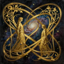 breathtaking detailed painting of entangled golden art nouveau ribbons, by ayami kojima, ruan jia and brom, cosmos and nebulae sky with fireflies, 8 k, concept art, matte, sharp focus, rembrandt style