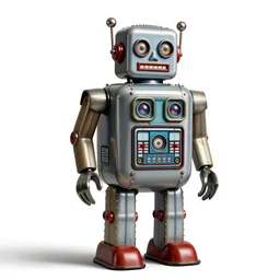 jovial retro tin robot, detailed 3d character render, full body, standing, isolated on a pure white background, centered, whole figure in frame, sharp focus, studio lighting