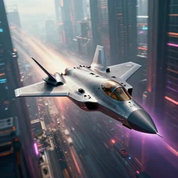 a photo of futuristic sci - fi fighter jet hurtling through a cyberpunk city, skyscrapers, neon, reflections, epic, beautiful render, volumetric lighting, haze, raytracing, 8 k