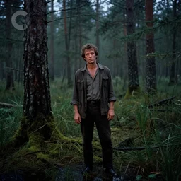 a 1 9 6 0 s movie still of le gros gus in swamp with pine forest backround, mossy, by night, cinestill 8 0 0 t 3 5 mm, heavy grain, high quality, noir, natural textures, photorealistic, ambient occlusion, hd, fog, criterion collection