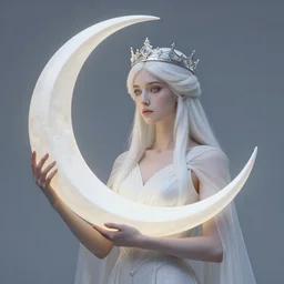 Artemixel, the modern reincarnation of the old selenium god of hunt, also known as Artemis the Selene, carrying the celebrated Crown of the Crescent Moon, wich its usual bright and slightly bluish crescent like the brightness of the night. Portrait in the style of Disco Elysium, intricate and highly detailed concept art, close-up