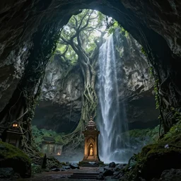 gothic temple, inside an enormous vast cave, huge trees, vines, waterfall