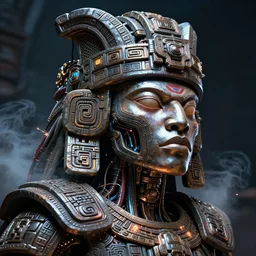 futuristic steampunk alien mayan portrait, ancient mayan, mechanical internals, smoke, exposed wire sparks, hyper realistic shiny textures, 8 k, intricate details, fluorescent glow, science fiction space horror, unreal engine, dark, heavy shading