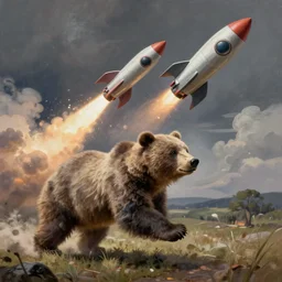 fuzzy bear running to catch a rocket ship that already launched, digital painting, fine detail, matte finish