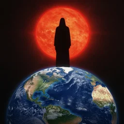 The Earth being destroyed | red sun | a god standing on the earth | style of beksinski