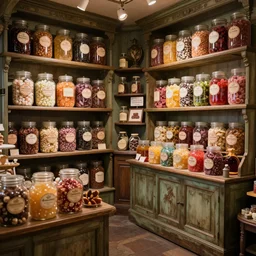 Inside an old fashioned sweet shop, large sweet jars on shelves, beautiful brand labels, fantasy vendor interior, wide angle, cinematic, highly detailed, cinematic lighting , photorealistic, trending on cgsociety, trending on artstation