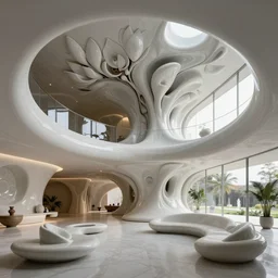 designed by santiago calatrava ; highly detailed ultra sharp 3 d render villa interior cinematic composition of a smooth ceramic porcelain biomorphic magnolia stone nebula fluid fractal sci - fi surreal architecture